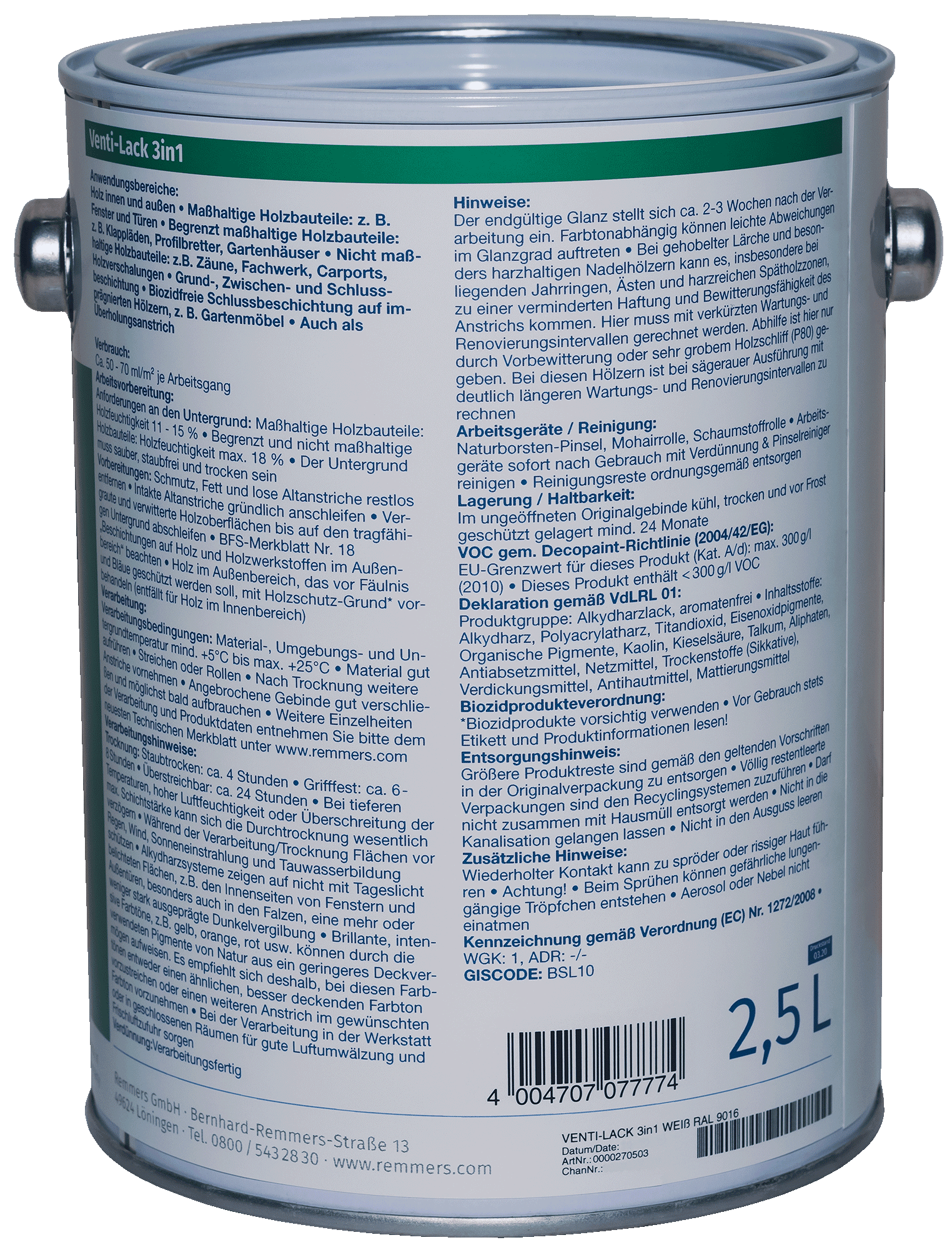 2,5L Remmers Venti-Decklack weiß RAL9016